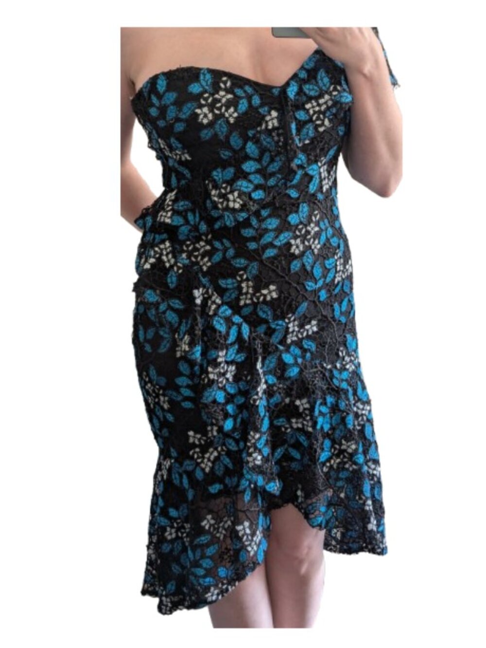 💖 Monique Lhuillier Black Floral Lace One-Shoulder Midi Dress 8 💖